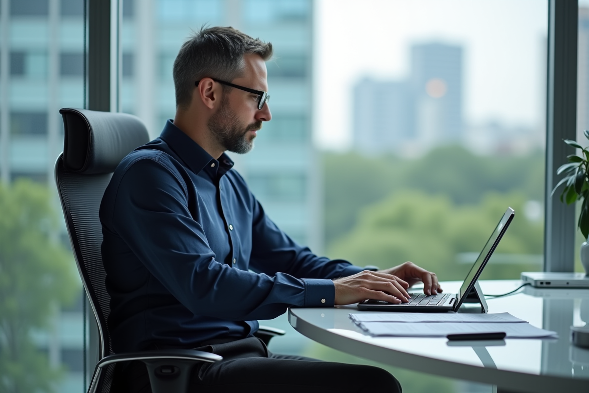 Homme d affaires utilise une tablette Windows au bureau