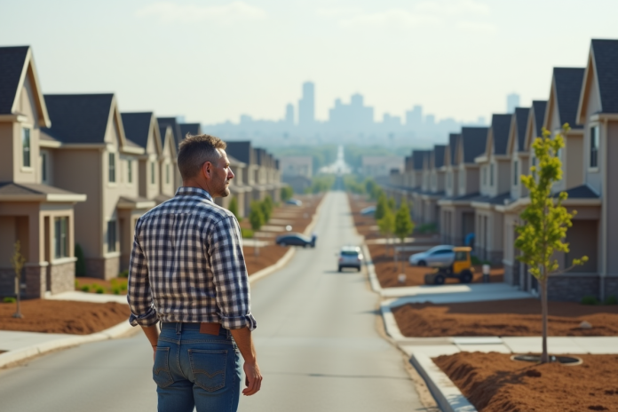 homme-urbanisation-neuve Homme regardant une banlieue en construction