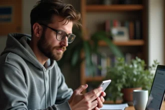 Homme inspectant un iPhone de première génération avant un achat sur une annonce en ligne