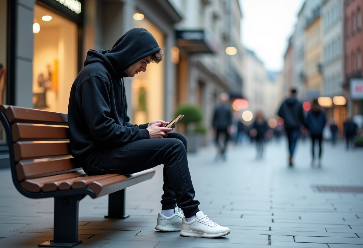 Jeune homme comparant des offres sur sa tablette en ville