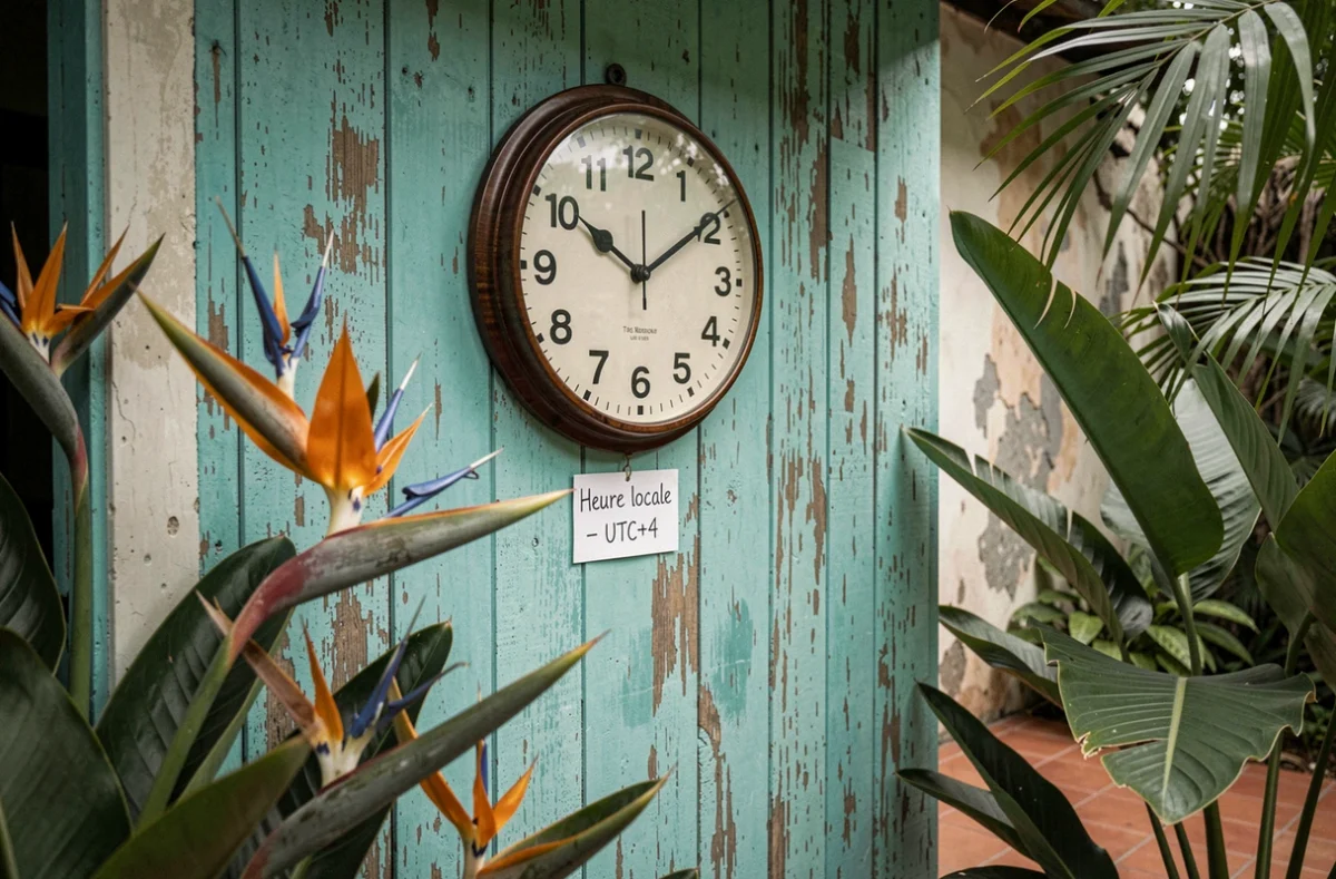 Horloge murale affichant l'heure locale UTC+4 dans une guesthouse à La Réunion entourée de plantes tropicales