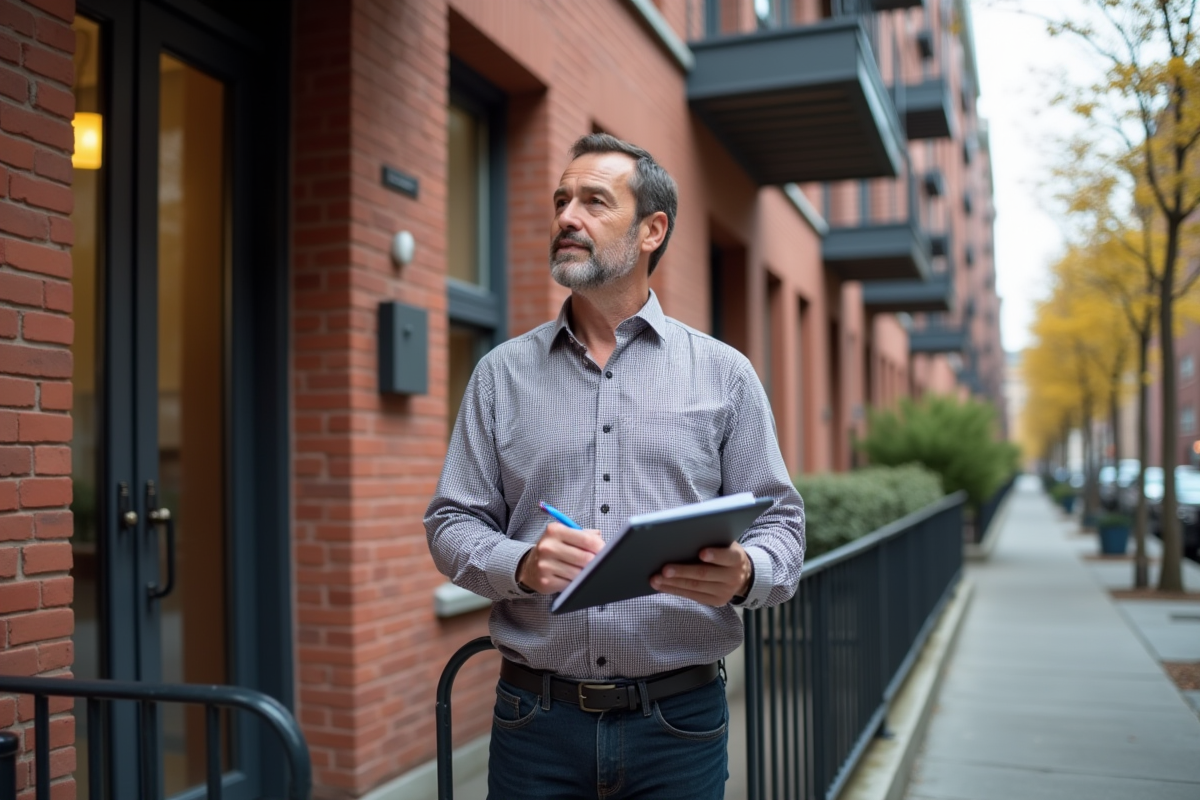 Homme inspectant un immeuble rénové en extérieur