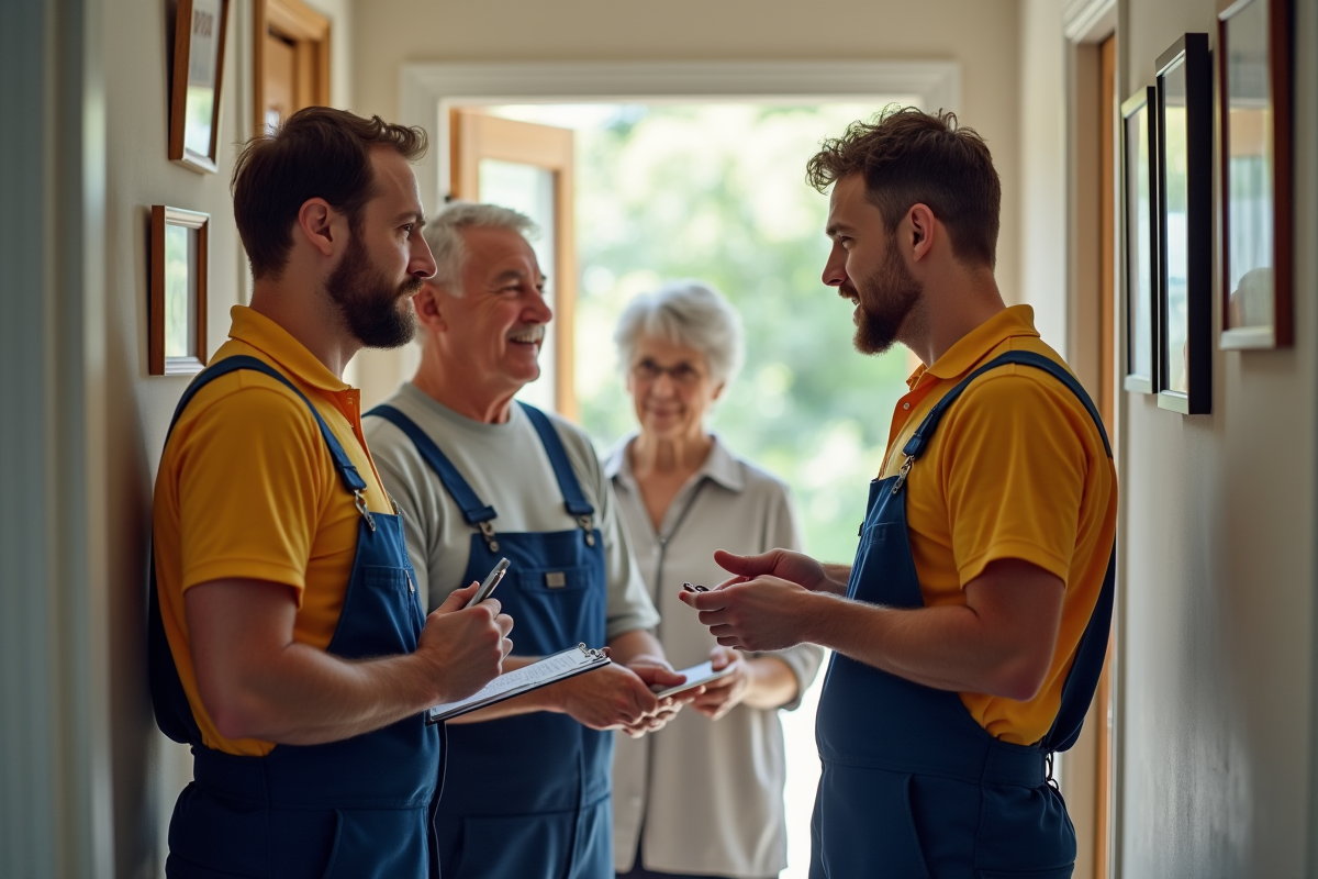 Deux hommes discutent avec un couple dans un couloir organisé