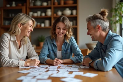 Trois adultes jouent à un jeu de mots à la maison