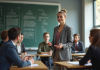 Jeune educateur confiant en presentation en classe moderne