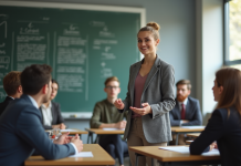 Jeune educateur confiant en presentation en classe moderne