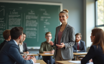 Jeune educateur confiant en presentation en classe moderne