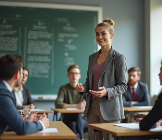 Le concours de CPE : une opportunité pour une carrière dans l’éducation Jeune educateur confiant en presentation en classe moderne