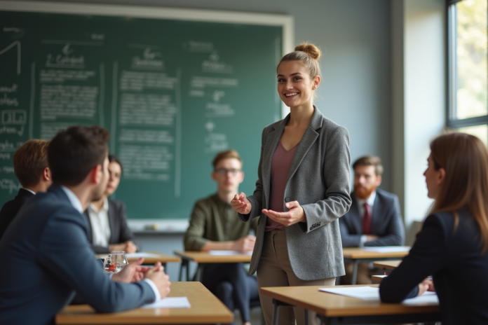 Jeune educateur confiant en presentation en classe moderne