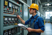 Jeune technicien électrique examinant un panneau de contrôle en centrale électrique