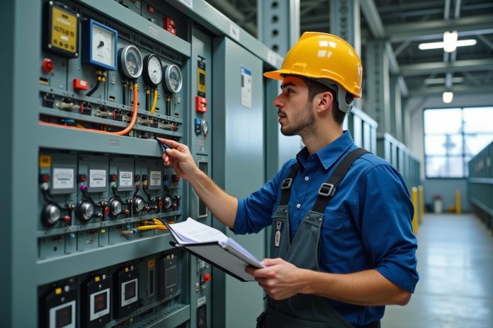 Jeune technicien électrique examinant un panneau de contrôle en centrale électrique
