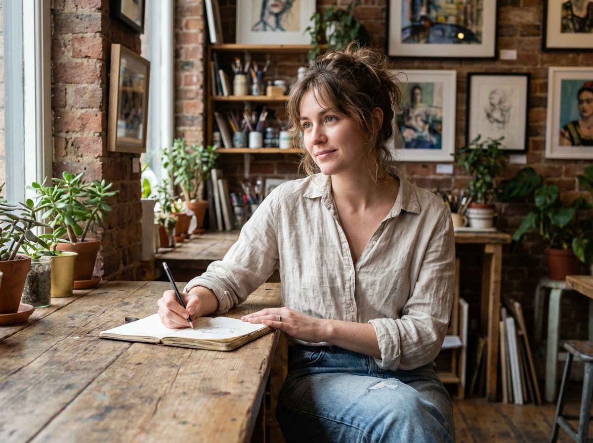 Jeune femme dessinant dans un café artistique chaleureux