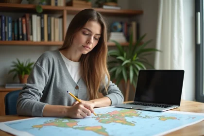 Jeune femme en casual examinant une carte du monde colorée