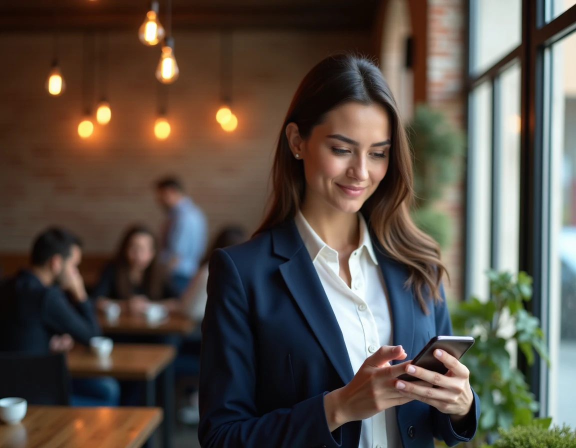 Jeune femme découvrant les résultats cachés de son test de personnalité archange dans un café