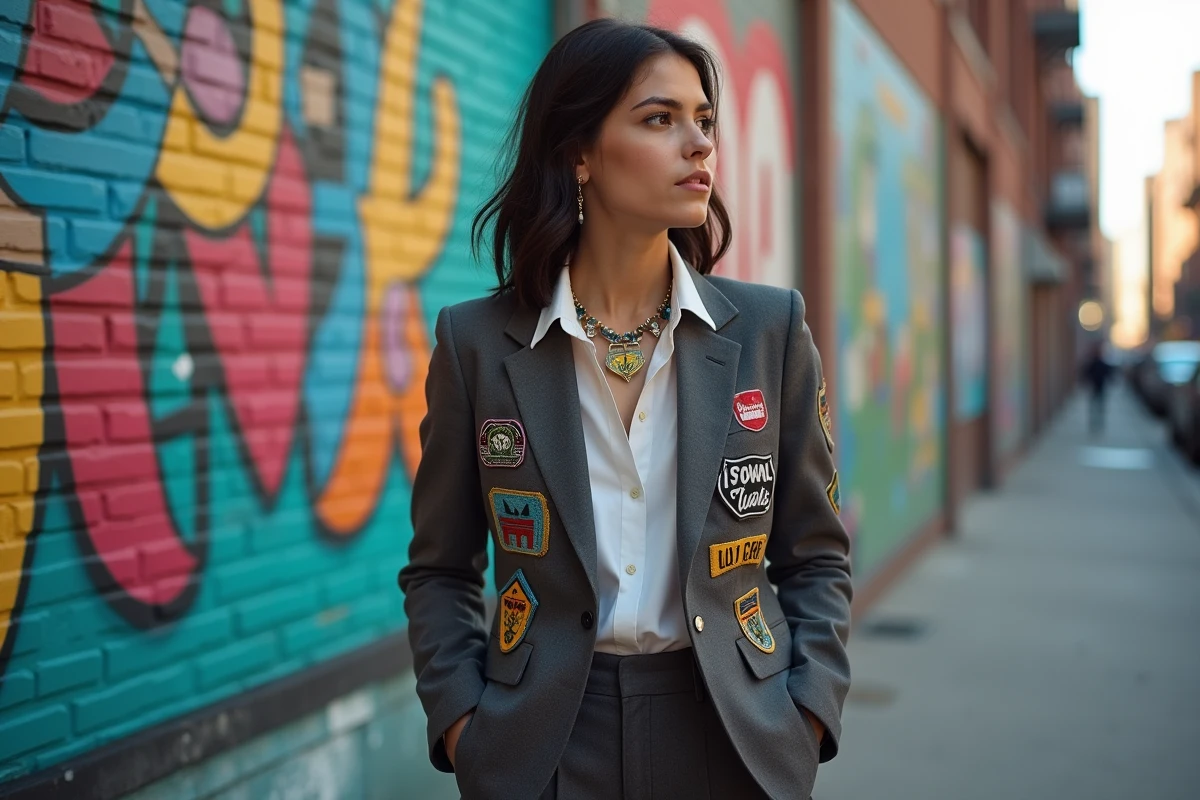 Jeune femme posant devant un mur urbain coloré