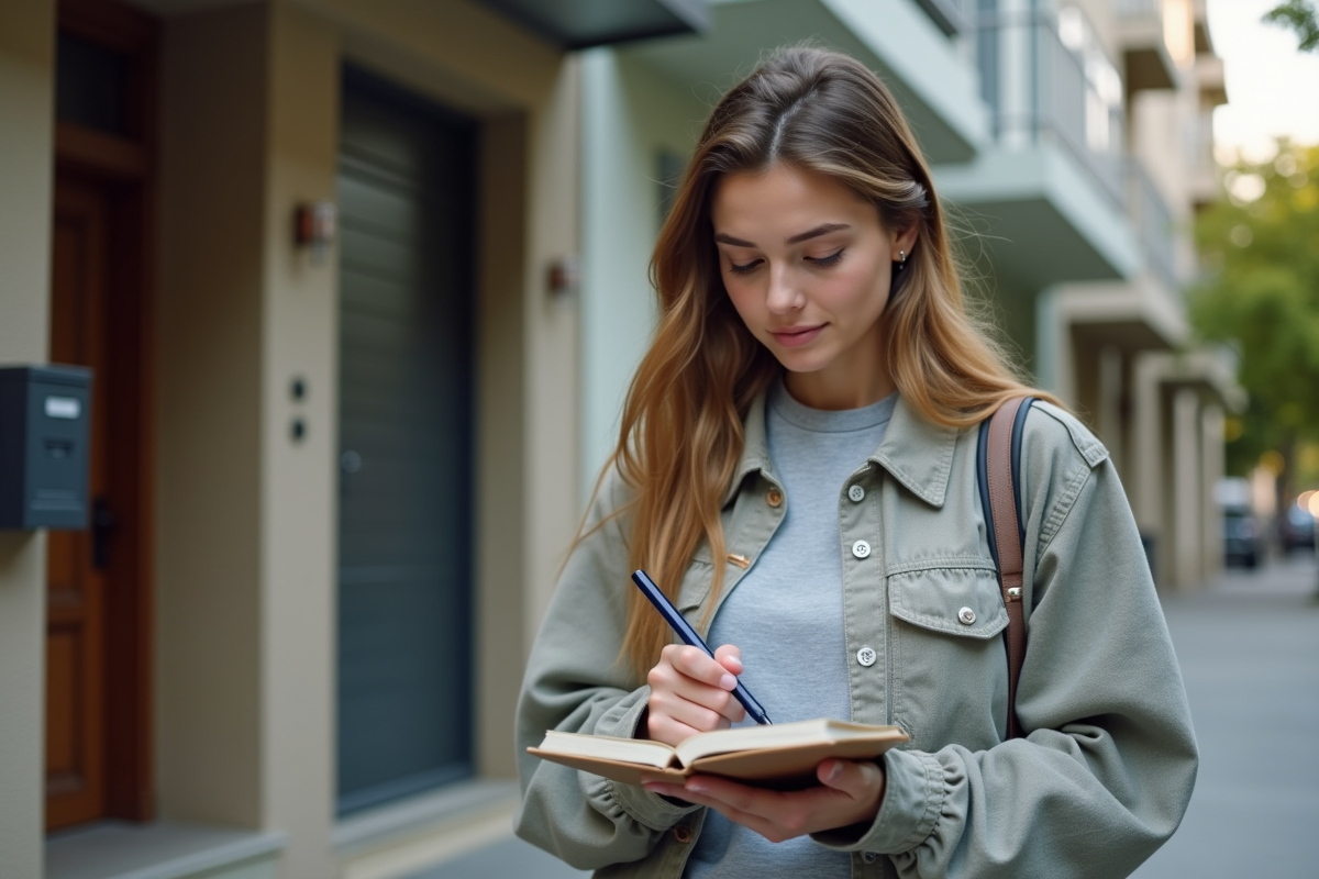 Jeune femme prenant des notes devant un immeuble résidentiel