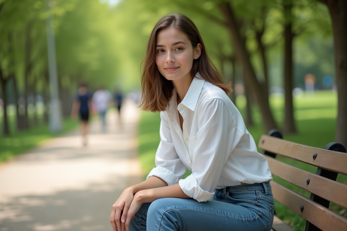 Jeune femme détendue assise dans un parc ensoleille