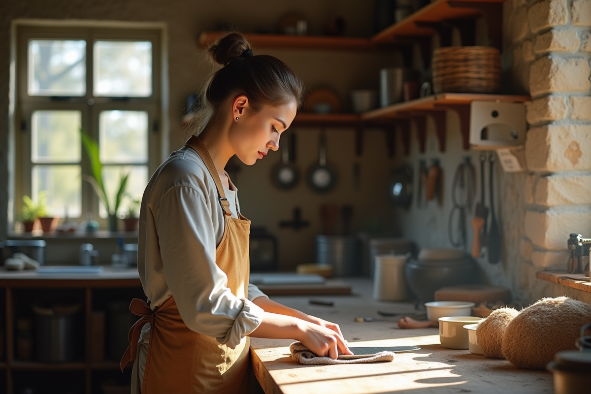 Jeune femme polissant un couteau dans un atelier ensoleille