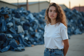 Jeune femme près de jeans recyclés en extérieur