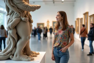 Jeune femme curieuse devant sculpture fantasy à Montpellier