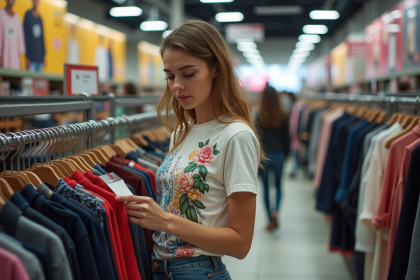 Jeune femme en magasin de mode rapide examine une étiquette
