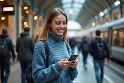 Jeune femme souriante regardant son téléphone à la gare