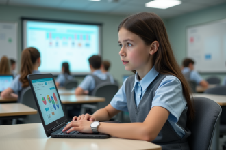 Jeune fille en uniforme scolaire utilisant un ordinateur portable