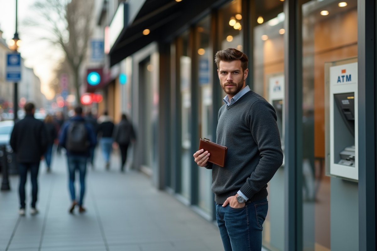 Jeune homme français devant une agence bancaire en ville