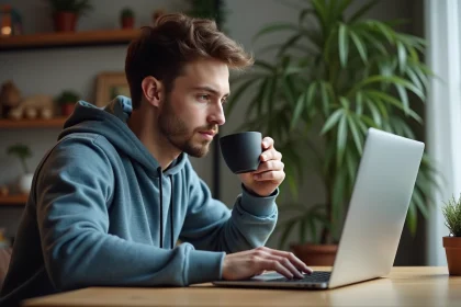 Jeune homme pensif buvant un café en travaillant