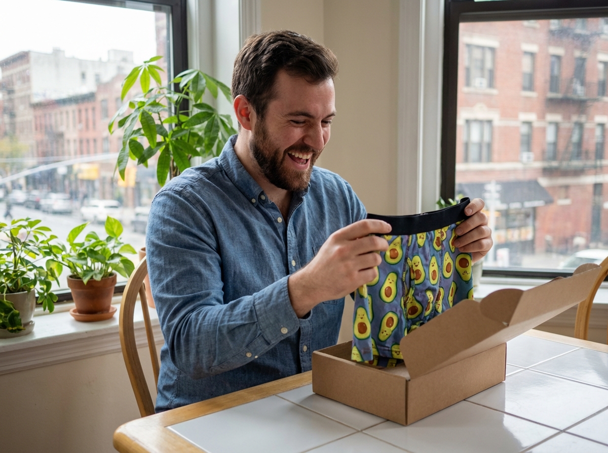 Jeune homme déballant un cadeau avec des sous-vêtements amusants