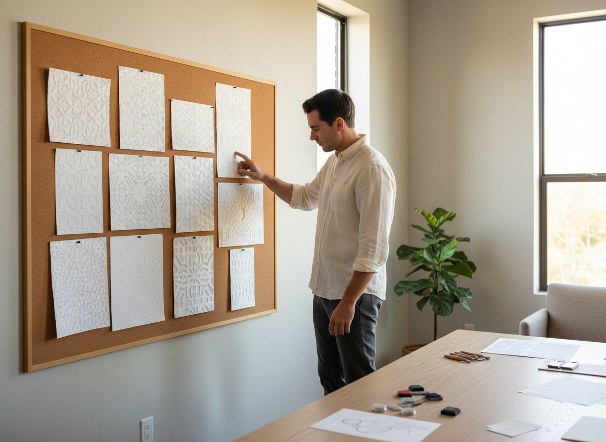 Jeune homme admirant des œuvres en papier embossé