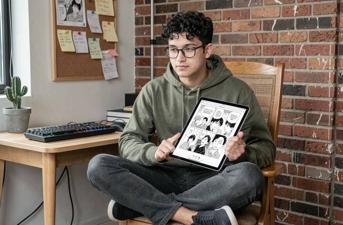 Jeune homme avec lunettes lisant un scan de manga sur tablette dans un bureau à domicile urbain