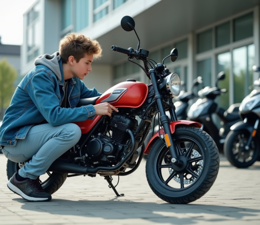 Comment évaluer le prix d’une moto 50 cm³ neuve en 2025 ? Jeune homme inspectant une moto 50cc en concession