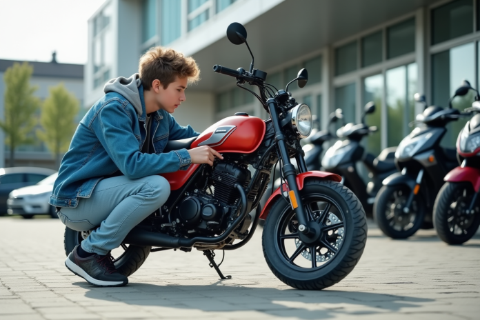 Jeune homme inspectant une moto 50cc en concession
