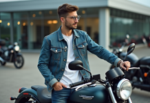 Comment évaluer le prix d’une moto 50 cm³ neuve en 2025 ? Jeune homme inspectant une moto neuve de 50 cm3 à l'extérieur