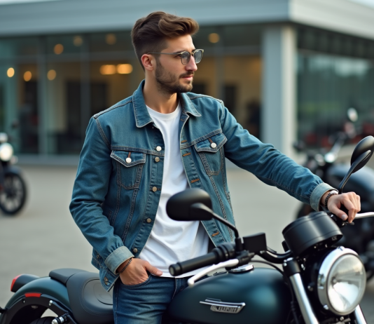 Comment évaluer le prix d’une moto 50 cm³ neuve en 2025 ? Jeune homme inspectant une moto neuve de 50 cm3 à l'extérieur