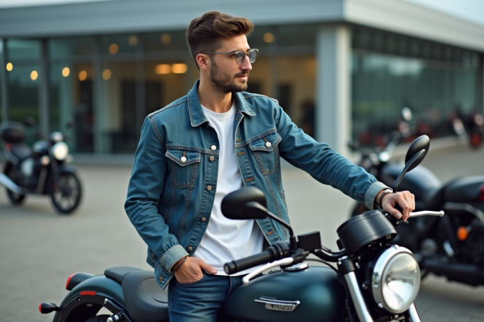 jeune-homme-moto-neuve Jeune homme inspectant une moto neuve de 50 cm3 à l'extérieur