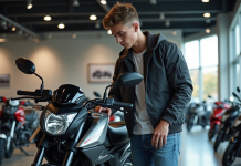 Comment évaluer le prix d’une moto 50 cm³ neuve en 2025 ? Jeune homme examine une moto neuve dans un showroom moderne