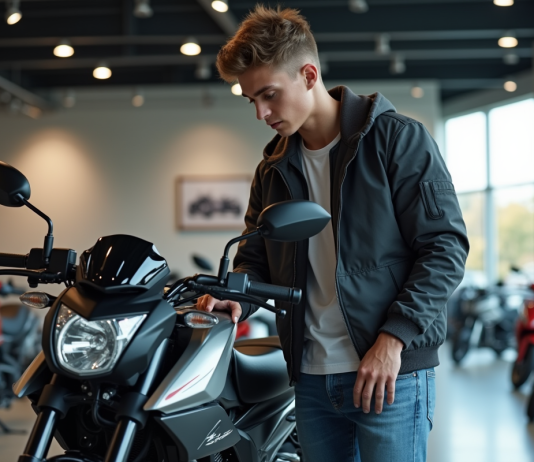 Comment évaluer le prix d’une moto 50 cm³ neuve en 2025 ? Jeune homme examine une moto neuve dans un showroom moderne