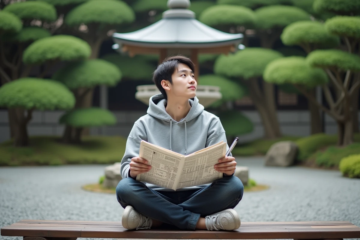 Jeune homme japonais cherchant le nom d'une ville dans des mots fléchés dans un jardin traditionnel