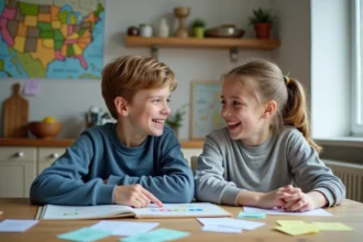 Adolescents souriants à la table avec cartes et livre de géographie