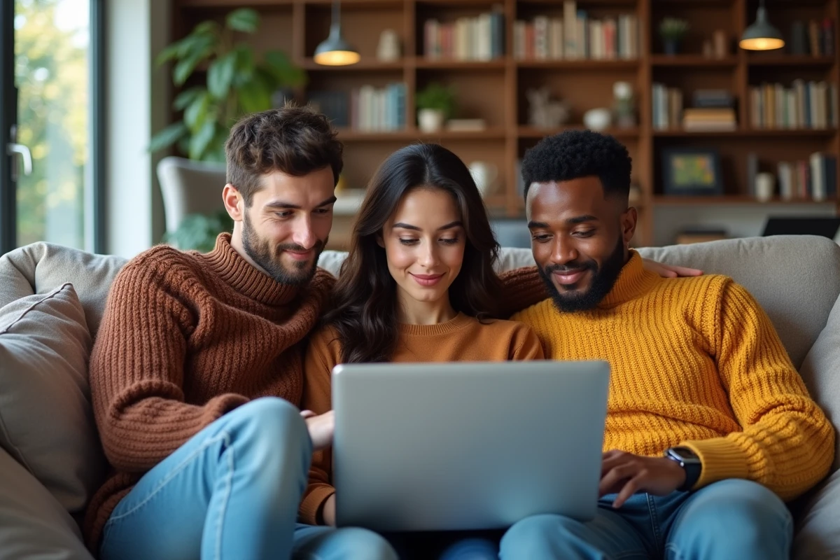 Trois jeunes adultes détendus sur un canapé avec un ordinateur portable
