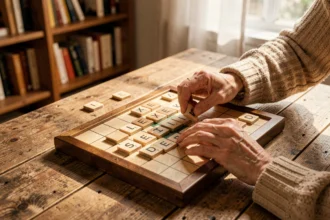 Joueuse de Scrabble posant des lettres dont YE sur un plateau en bois lors d'une partie à domicile