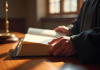 Main de juge tenant un livre de droit dans un tribunal