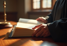 Main de juge tenant un livre de droit dans un tribunal