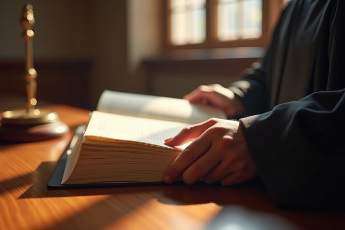 Main de juge tenant un livre de droit dans un tribunal