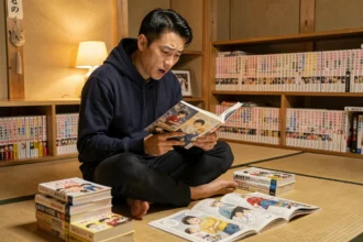 Lecteur passionné de manga lisant le scan One Piece 1149 entouré de volumes de manga dans une chambre japonaise cosy