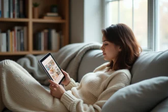 Femme lisant des scans Epsilon sur une tablette installée confortablement dans un salon scandinave lumineux