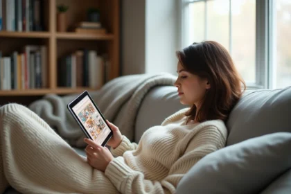 Femme lisant des scans Epsilon sur une tablette installée confortablement dans un salon scandinave lumineux