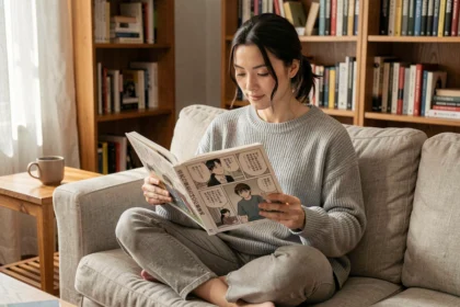 Jeune femme lisant un manga en édition papier dans un salon cosy entouré de livres